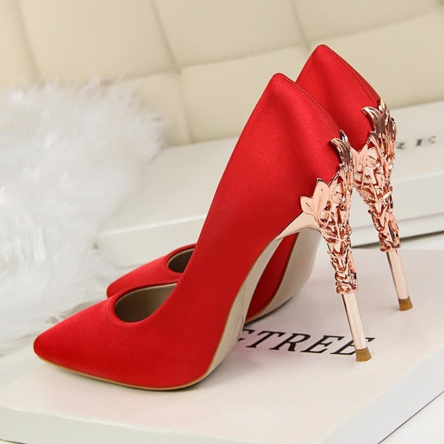 Metal Carved Thin Heel High Heels Pumps Women Shoes Sexy Pointed Toe Ladies Shoes