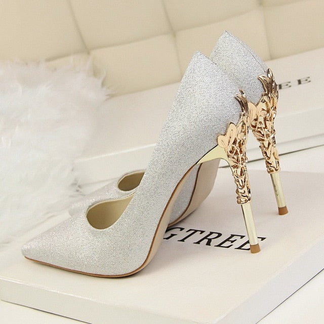 Metal Carved Thin Heel High Heels Pumps Women Shoes Sexy Pointed Toe Ladies Shoes