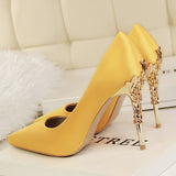 Metal Carved Thin Heel High Heels Pumps Women Shoes Sexy Pointed Toe Ladies Shoes