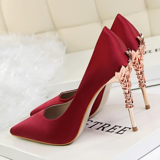 Metal Carved Thin Heel High Heels Pumps Women Shoes Sexy Pointed Toe Ladies Shoes