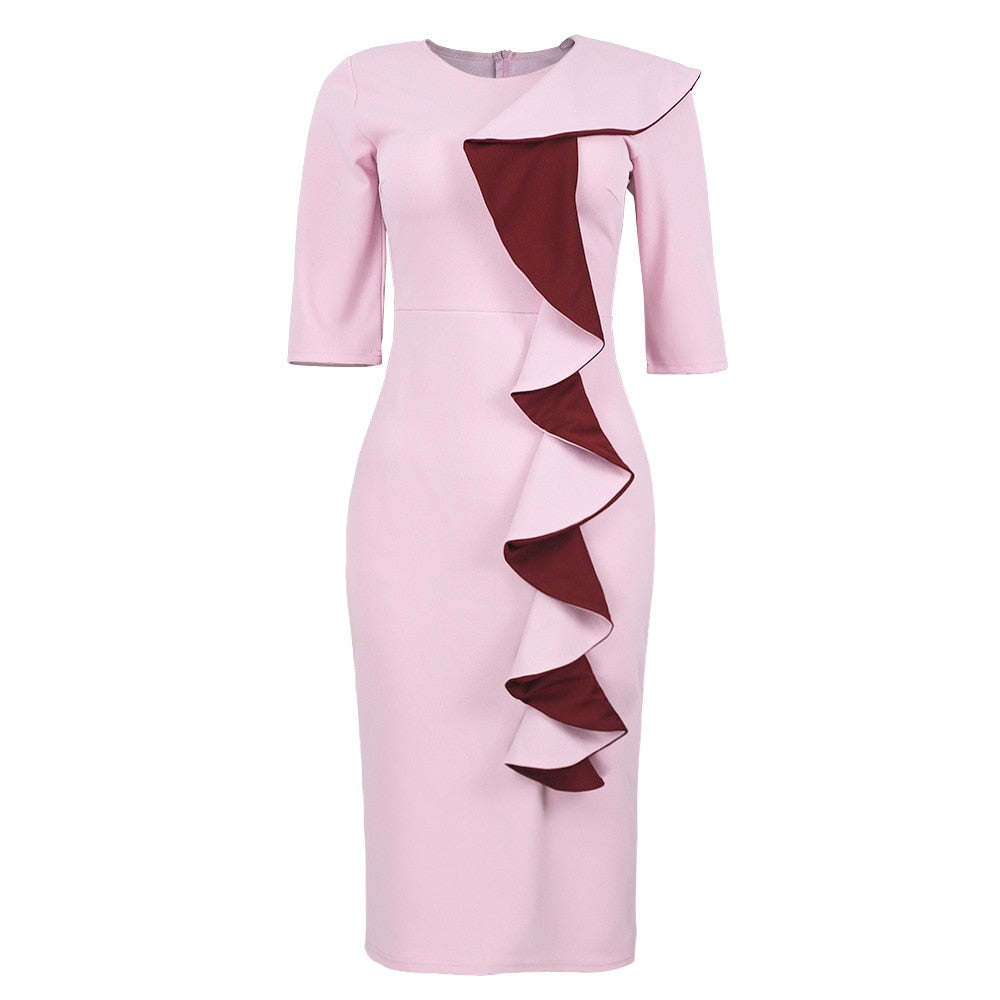 Women Pink Dress O Neck Ruffle Elegant Office Lady Bodycon Modest Classy Three Quarter Vestidos Plus Size African Summer Fashion