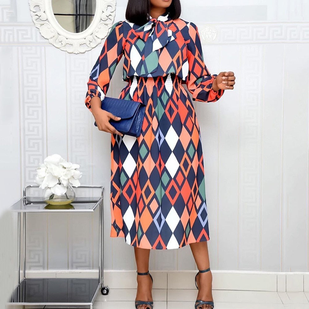 African Fashion Women Office Dress Vintage Geometric Print Lace-Up Bow Collar A Line Retro Ladies