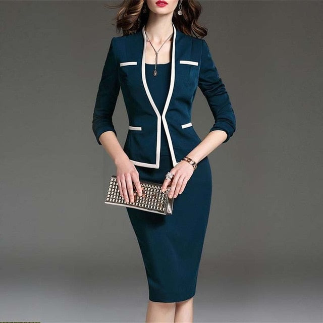 Women's Costumes 2020 Women's Suit Bodycon Dress Jacket 2 Pieces Set Office Wear Jacket