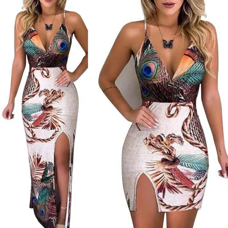 Elegant Bodycon Mini Short Women Sling V Neck Peacock Feather Print Split Pencil Dress Beach Sundress For Summer