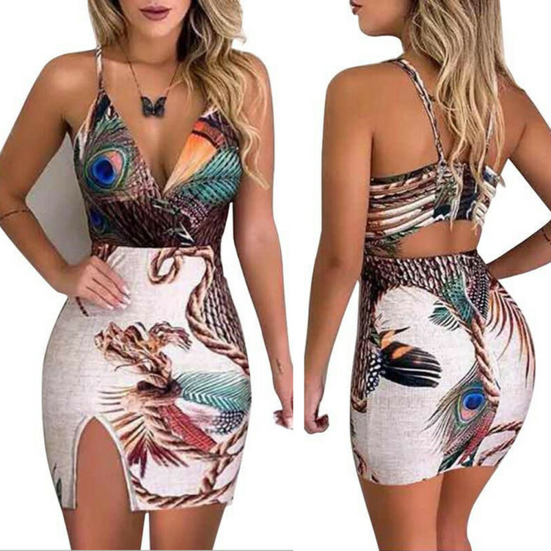 Elegant Bodycon Mini Short Women Sling V Neck Peacock Feather Print Split Pencil Dress Beach Sundress For Summer