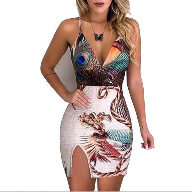 Elegant Bodycon Mini Short Women Sling V Neck Peacock Feather Print Split Pencil Dress Beach Sundress For Summer