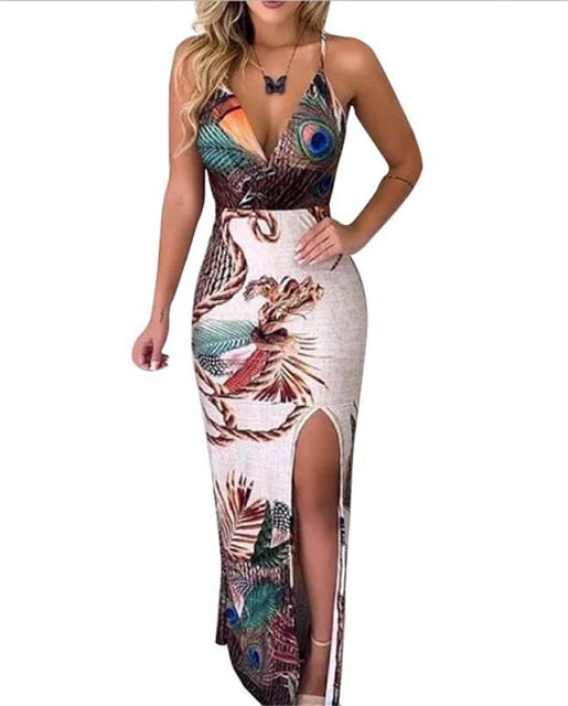 Elegant Bodycon Mini Short Women Sling V Neck Peacock Feather Print Split Pencil Dress Beach Sundress For Summer