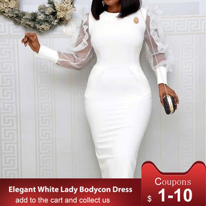 White African Women Bodycon Dress Mesh Long Sleeve 2020 High Waist Elegant Party Dinner Midi Dresses