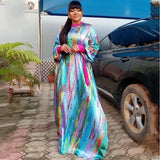 Women Long Sleeve Floor-Length Patchwork Round Neck Plus Size Dress African Oversize Ladies Party