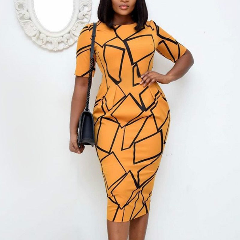 Women Print Bodycon Dress Yellow Short Sleeves O Neck Office Lady Slim Elegant African Large Size Summer Fashion