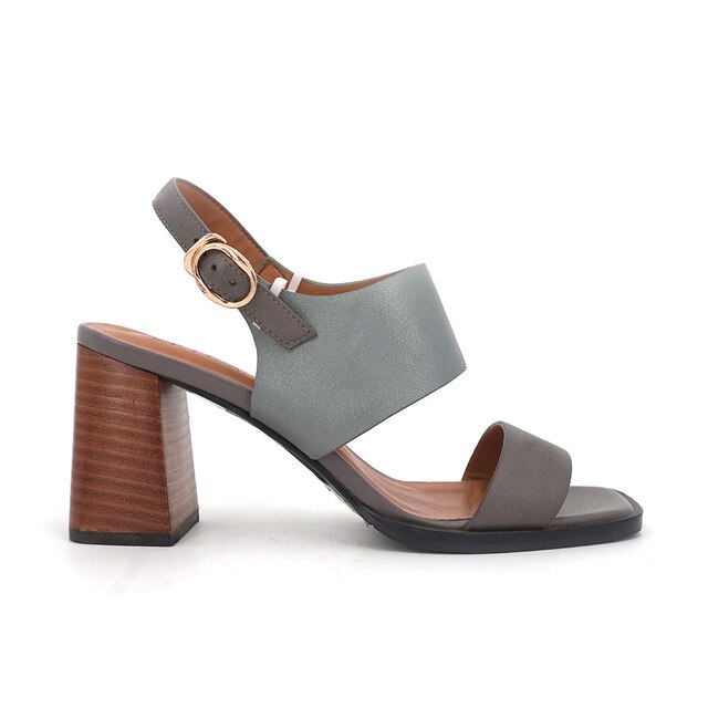 Women Sandals Thick Wood heels Spring Summer Autumn Shoes Genuine leather Buckle