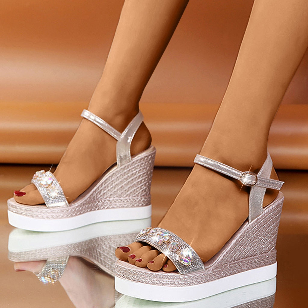Rhinestone Sandals Platform Women Ankle Strap Shoes Women Fashion High heels Wedges Dress Party Shoes