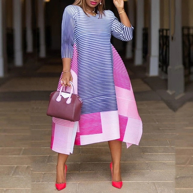summer striped Asymmetrical midi dress casual African style short sleeve fashion dresses robe plus size