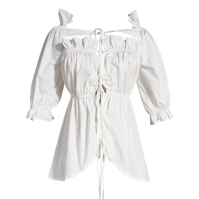 Women White Bandage Pleated Ruffles Blouse