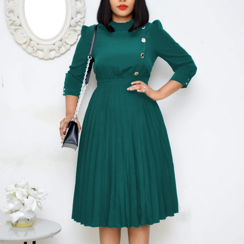 Women Pleated Dress High Waist with Button Modest Office Ladies Fashion Vestidos Elegant Classy Work Wear