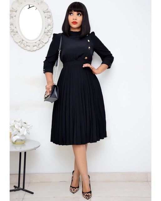 Women Pleated Dress High Waist with Button Modest Office Ladies Fashion Vestidos Elegant Classy Work Wear