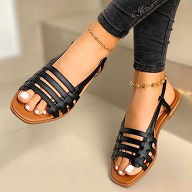 Women's Flat Sandals Summer Hollow Out Roman Sandals Gladiator Open Toe Casual Beach Ladies Shoes