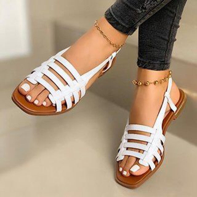 Women's Flat Sandals Summer Hollow Out Roman Sandals Gladiator Open Toe Casual Beach Ladies Shoes