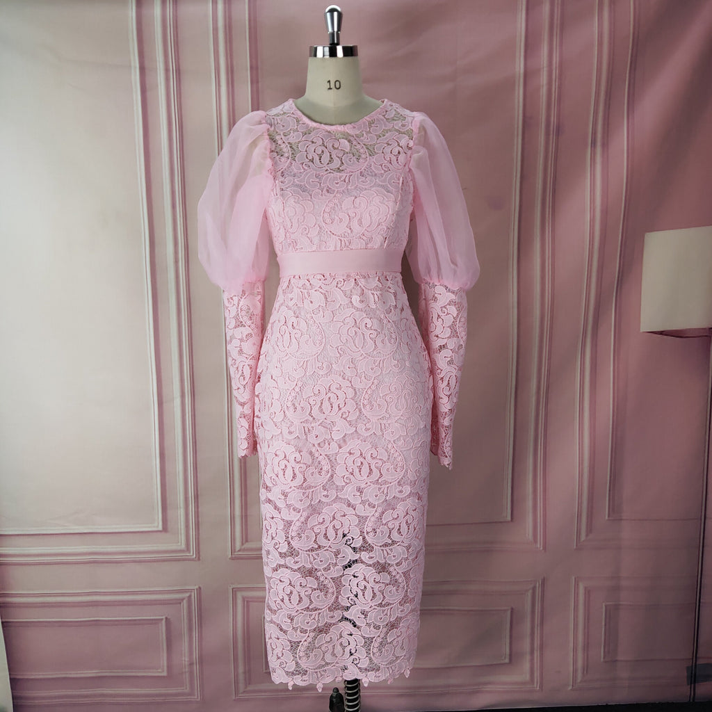 Ladies Pink Lace Dress Long Lantern Sleeves Bodycon Patchwork Tulle Date Dinner Elegant Robes Modest African Dresses for Women