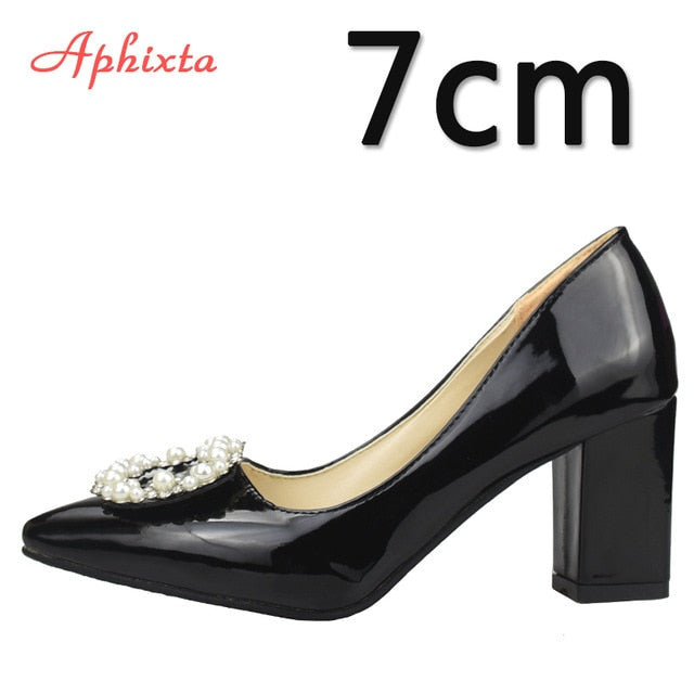 7cm 5cm Square Heels Patent Leather Pearl Buckle Shoes