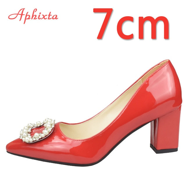7cm 5cm Square Heels Patent Leather Pearl Buckle Shoes