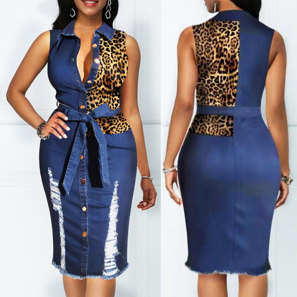 Leopard Patchwork Denim Midi Dress Women