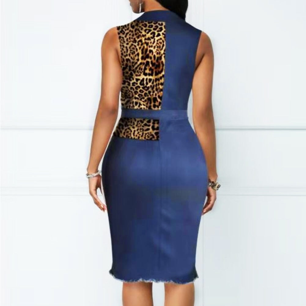 Leopard Patchwork Denim Midi Dress Women