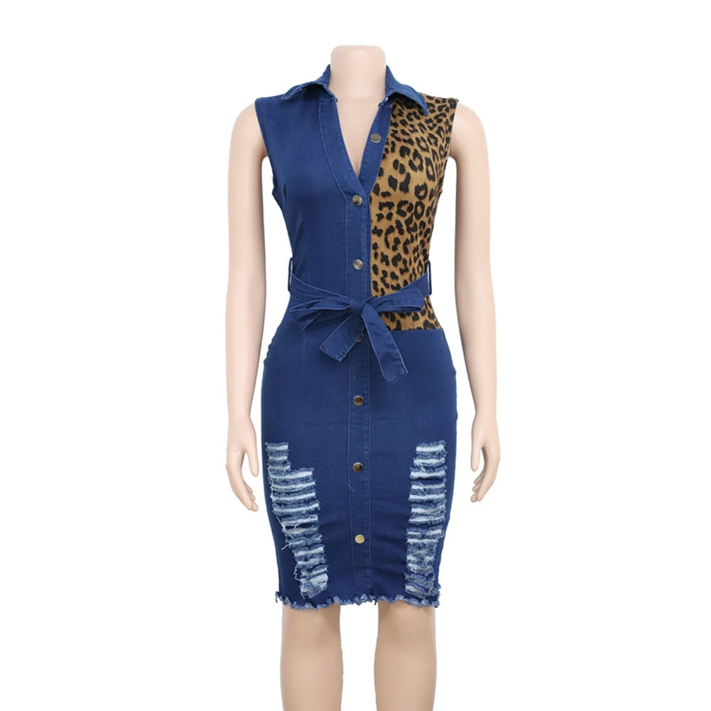 Leopard Patchwork Denim Midi Dress Women