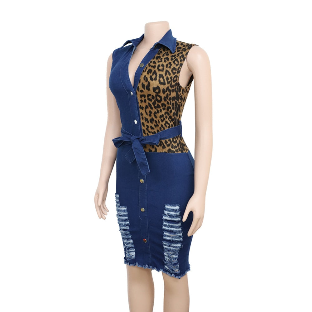 Leopard Patchwork Denim Midi Dress Women