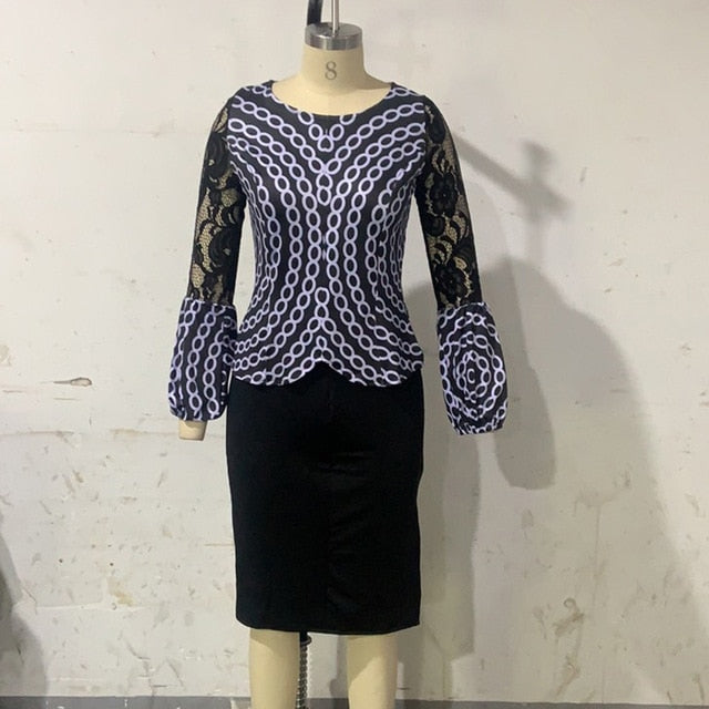 Summer Autumn Two Piece Set Women 2020 Elegant Sexy Black Lace Shirt Casual Plus Size Slim Split