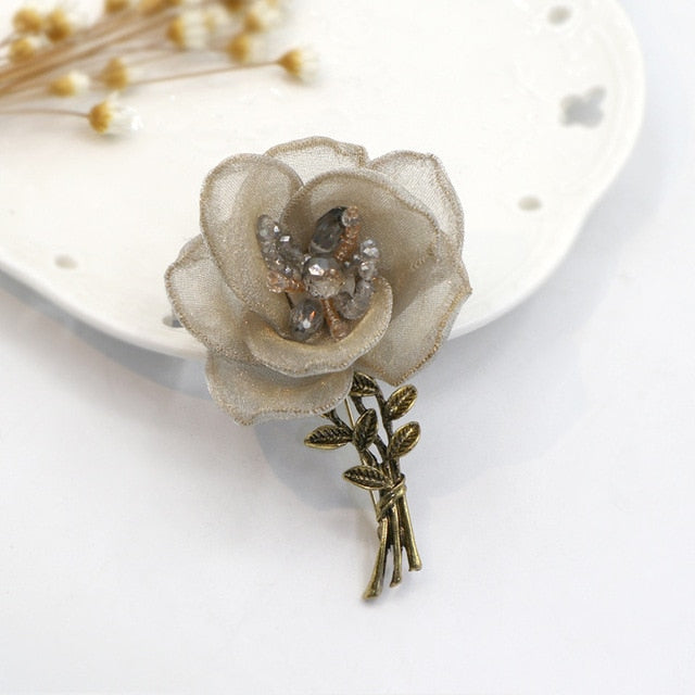 Korean Yarn Fabric Flower Brooch Pin Metal