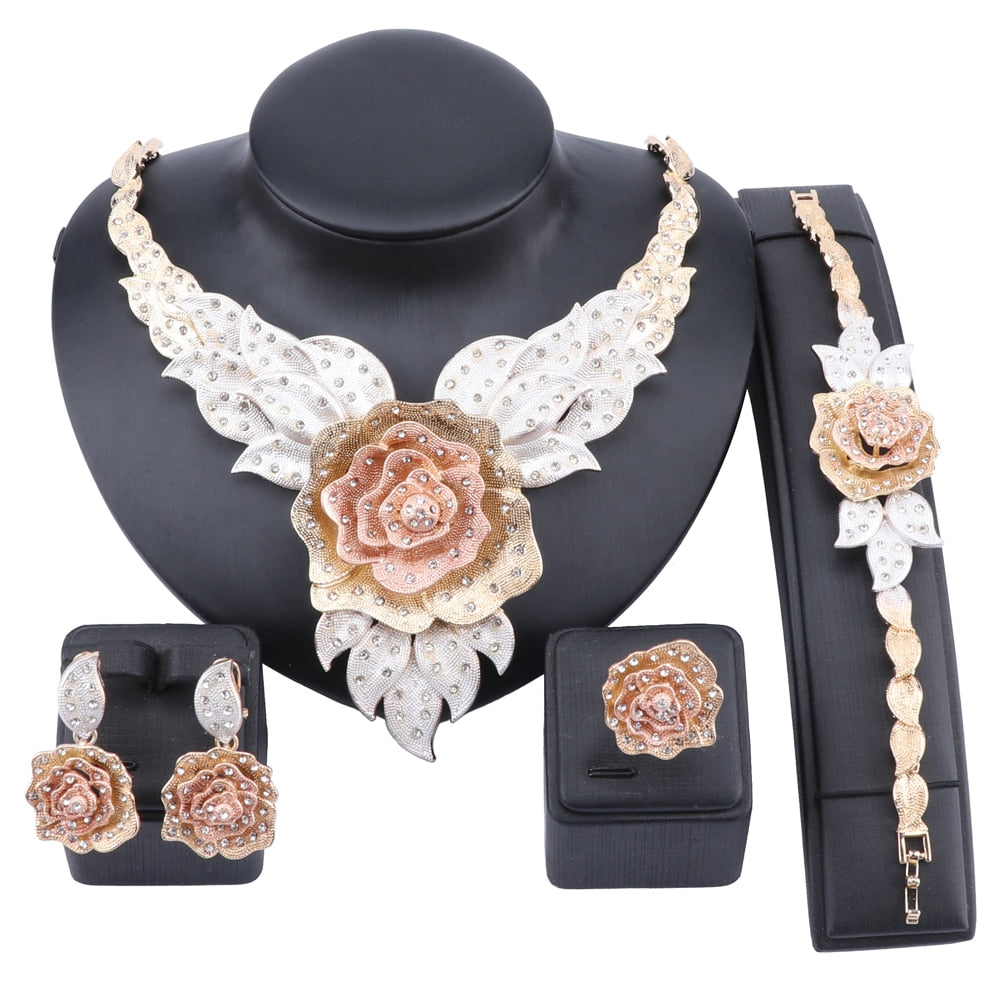 Women Party Bridal Fine Crystal Rose Flower Necklace