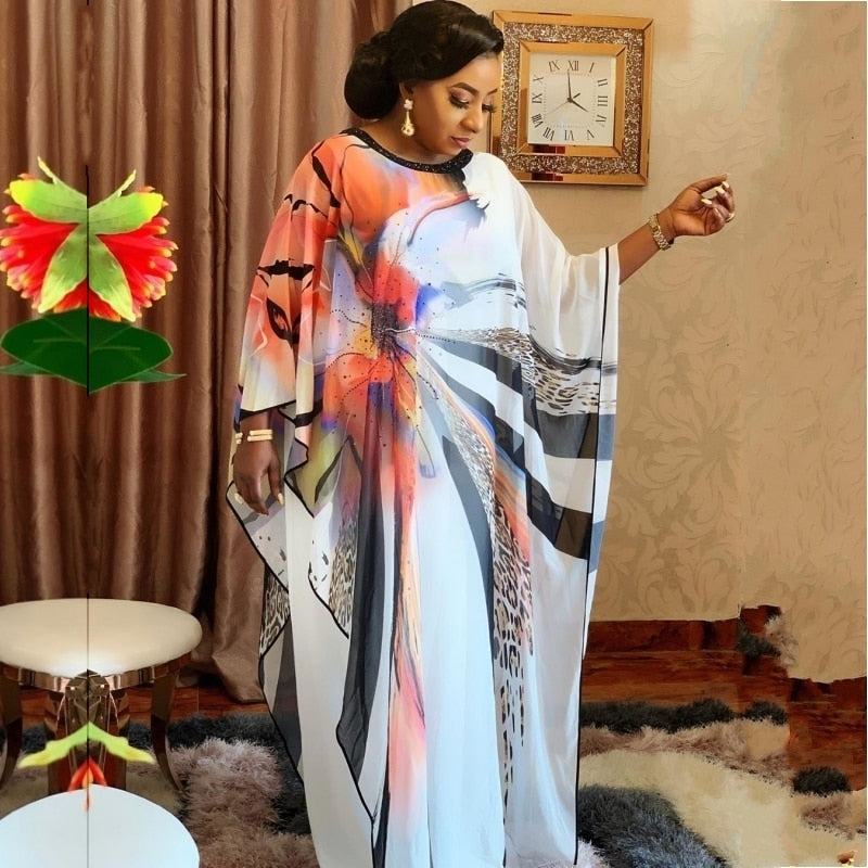 Vintage Plus Size African Chiffon Maxi Dress Bat Sleeve Casual Retro Elegant Women Evening Party