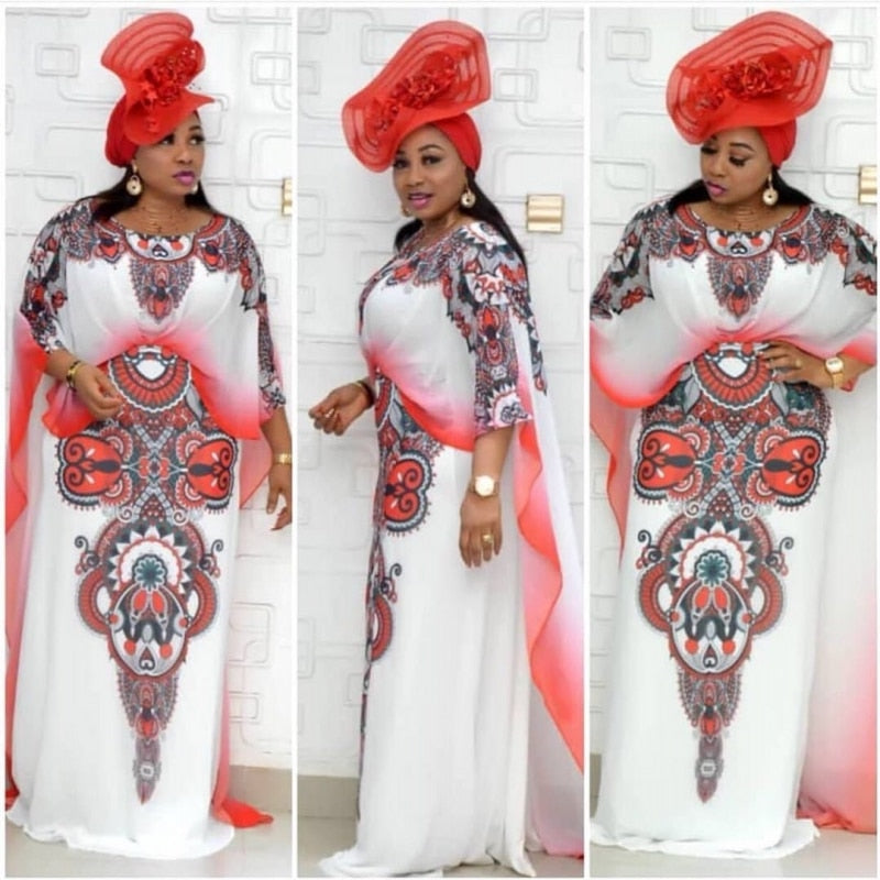 African Fashion Design Loose Women Flower Print Robes Dress Batwing Maxi Long Femme Vestidos