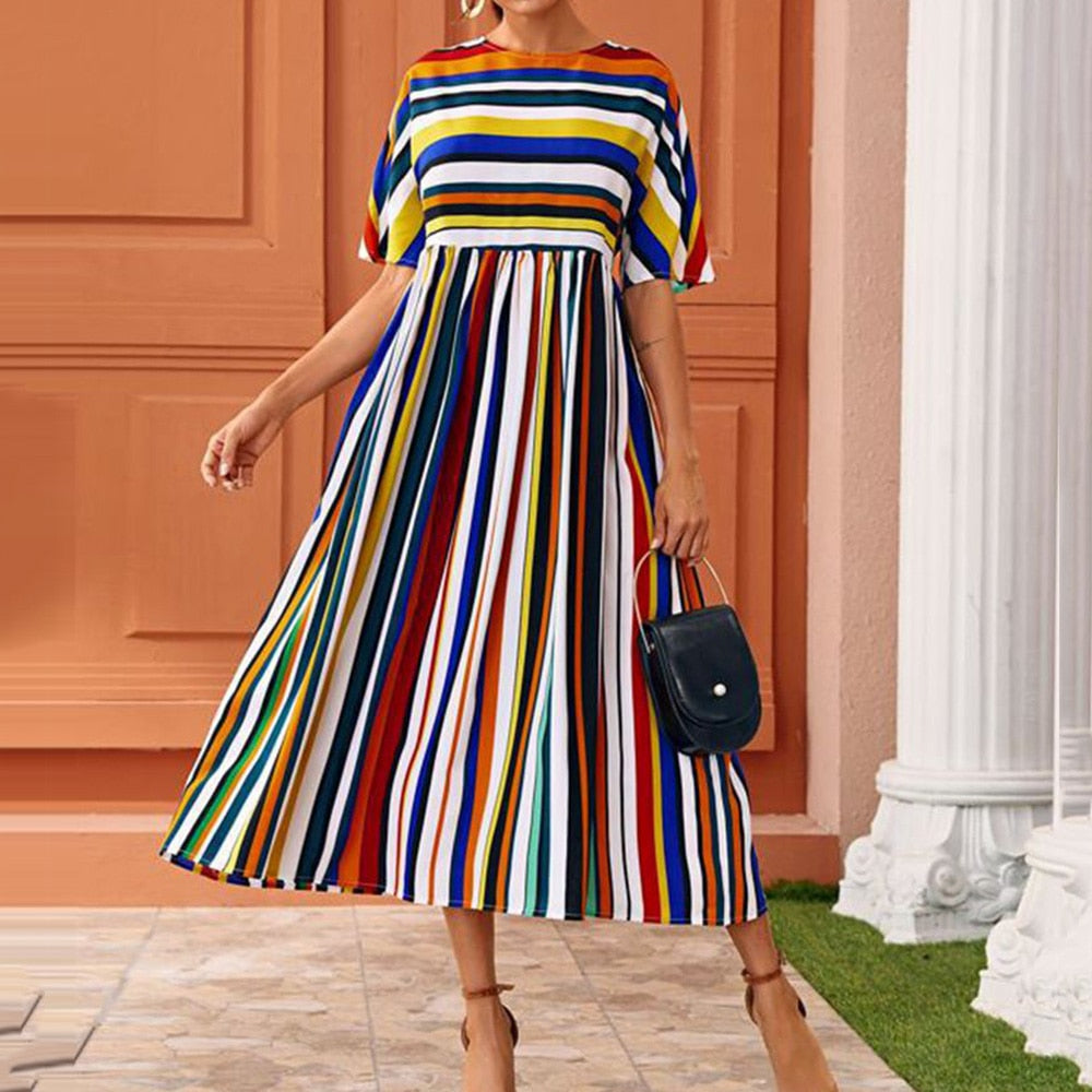Colorful Stripes Women Dress High Waist A-line 2020 Summer Sundress Robe Femme African Elegant Office