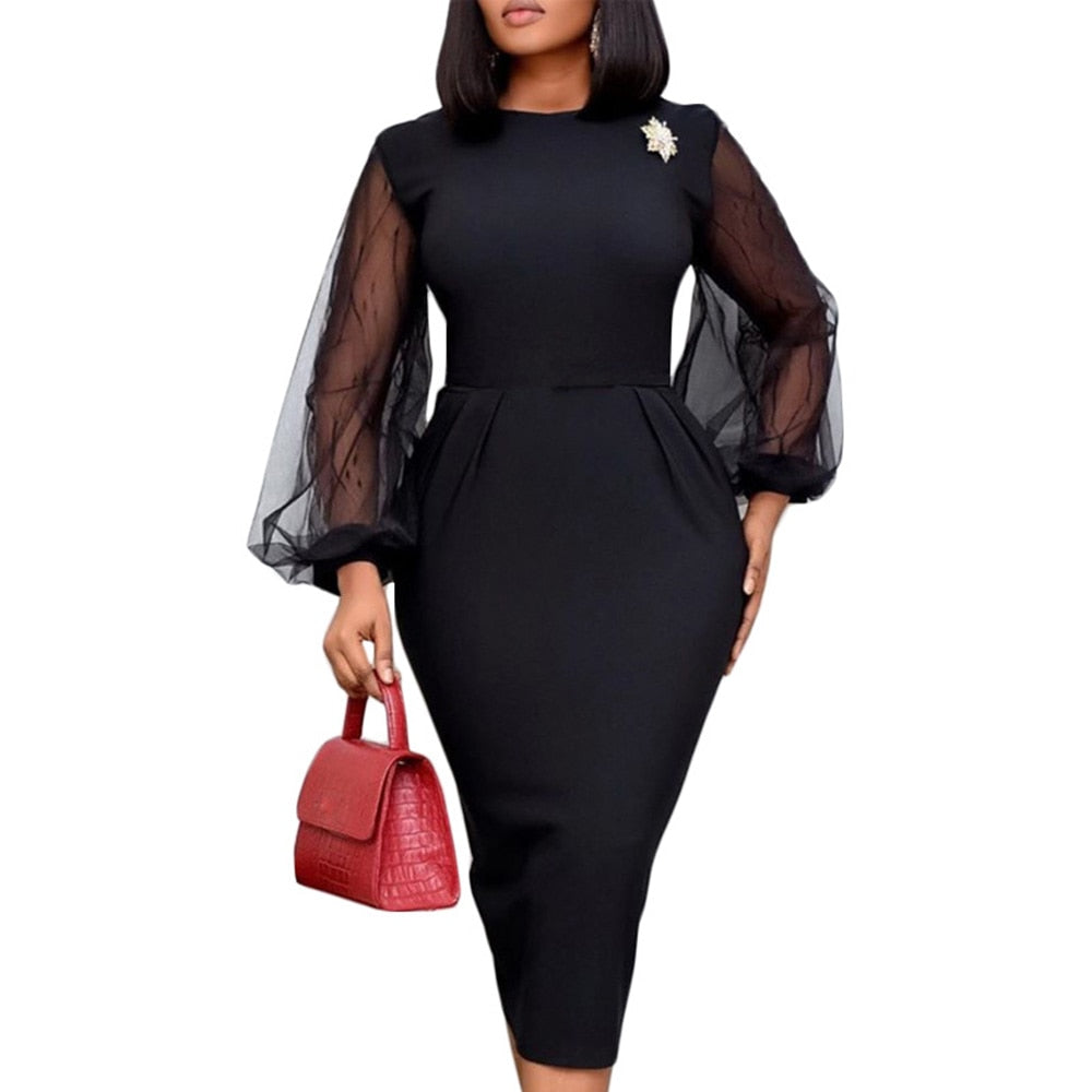 African Mesh Sleeve Black Dress Summer Elegant Office Lady Dinner Midi Dresses Robe 2020 Plus Size 2xl