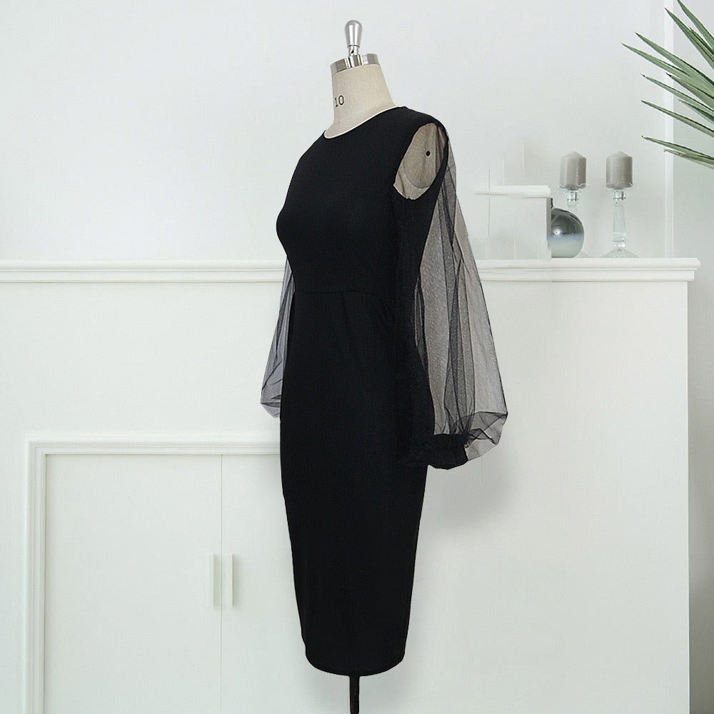 African Mesh Sleeve Black Dress Summer Elegant Office Lady Dinner Midi Dresses Robe 2020 Plus Size 2xl