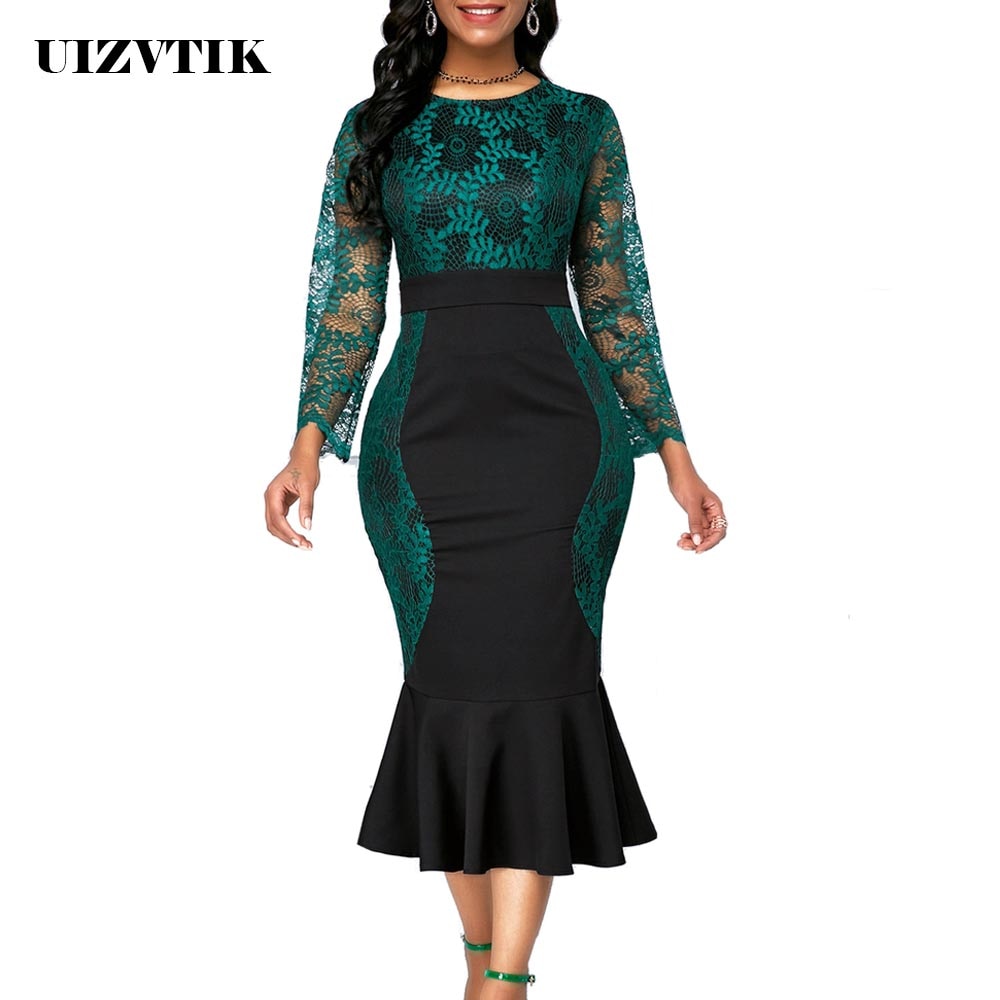 Hook Flower Dress Women 2020 Autumn Summer Casual Plus Size Slim Long Mermaid Party Dress