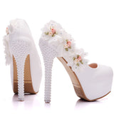 Women Wedding Shoes High Heels 14CM Lady Flowers Pearl Platforms White Glitter Bridal Shoes Women Thin Heel Party Pump Shoe