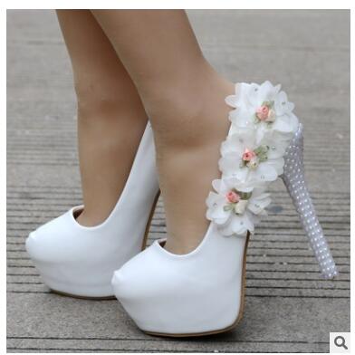 Women Wedding Shoes High Heels 14CM Lady Flowers Pearl Platforms White Glitter Bridal Shoes Women Thin Heel Party Pump Shoe