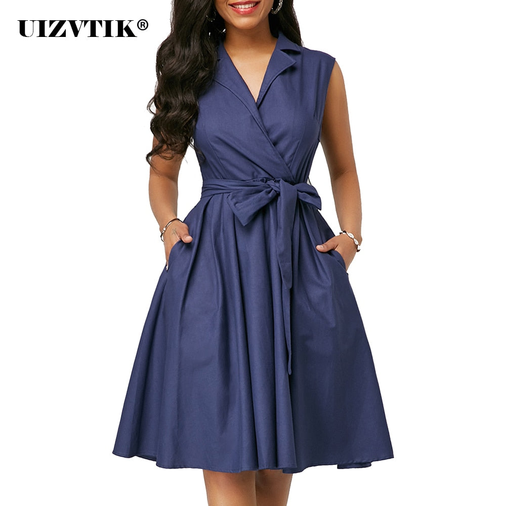 Summer Dress Women 2020 Casual Plus Size Slim French Solid Office A Line Dresses
