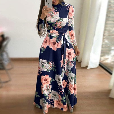 Women autumn Dress 2020 Casual Long Sleeve Long Dress Boho Floral Print Maxi Dress