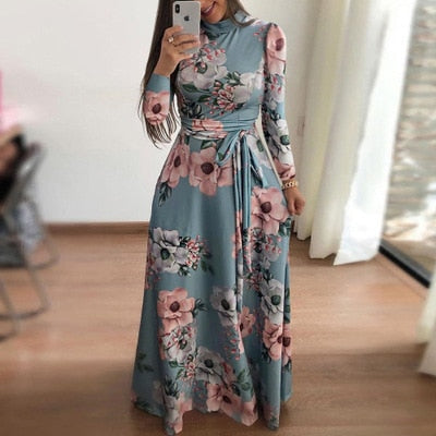 Women autumn Dress 2020 Casual Long Sleeve Long Dress Boho Floral Print Maxi Dress