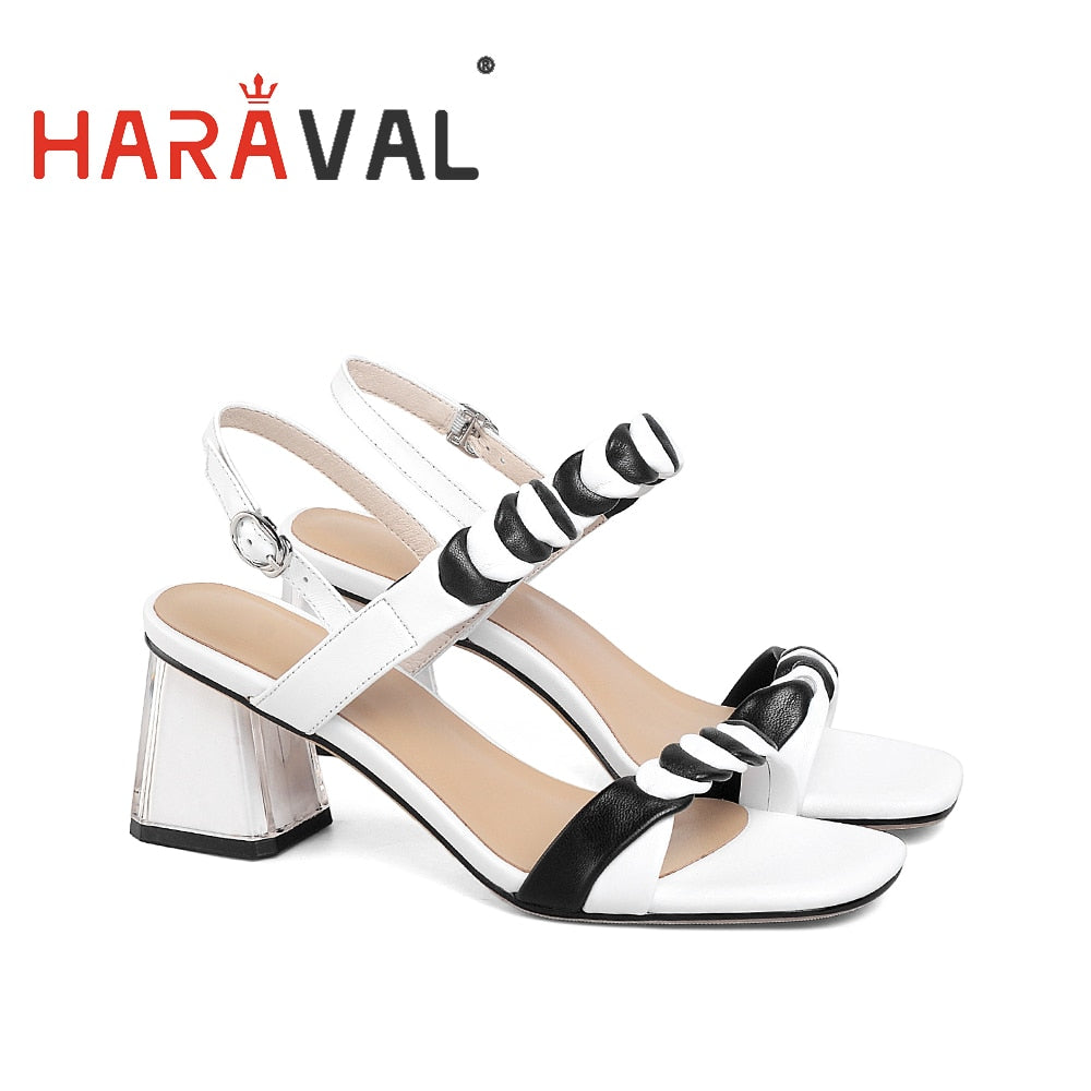 Women Sandals Fashion White Shoes Genuine Leather Thick Heels Buckle Strap Casual Shoes