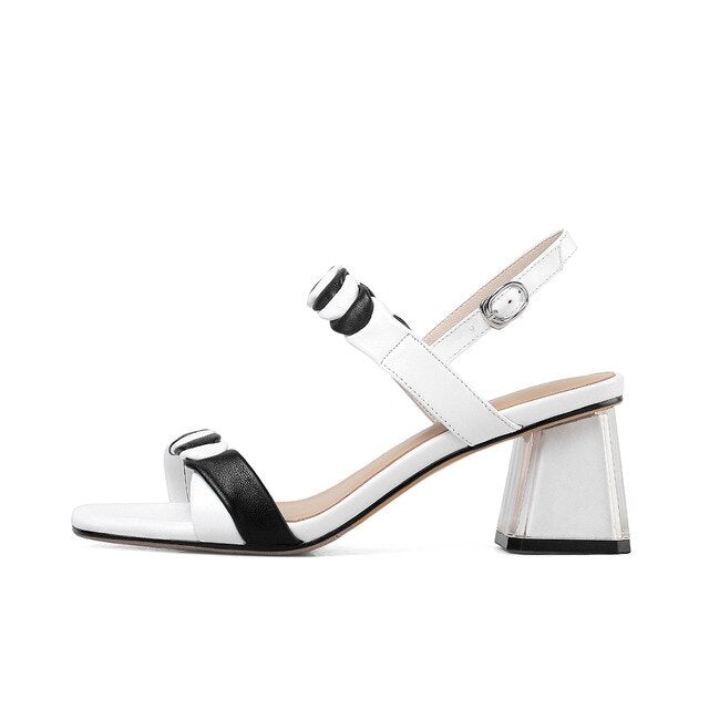 Women Sandals Fashion White Shoes Genuine Leather Thick Heels Buckle Strap Casual Shoes