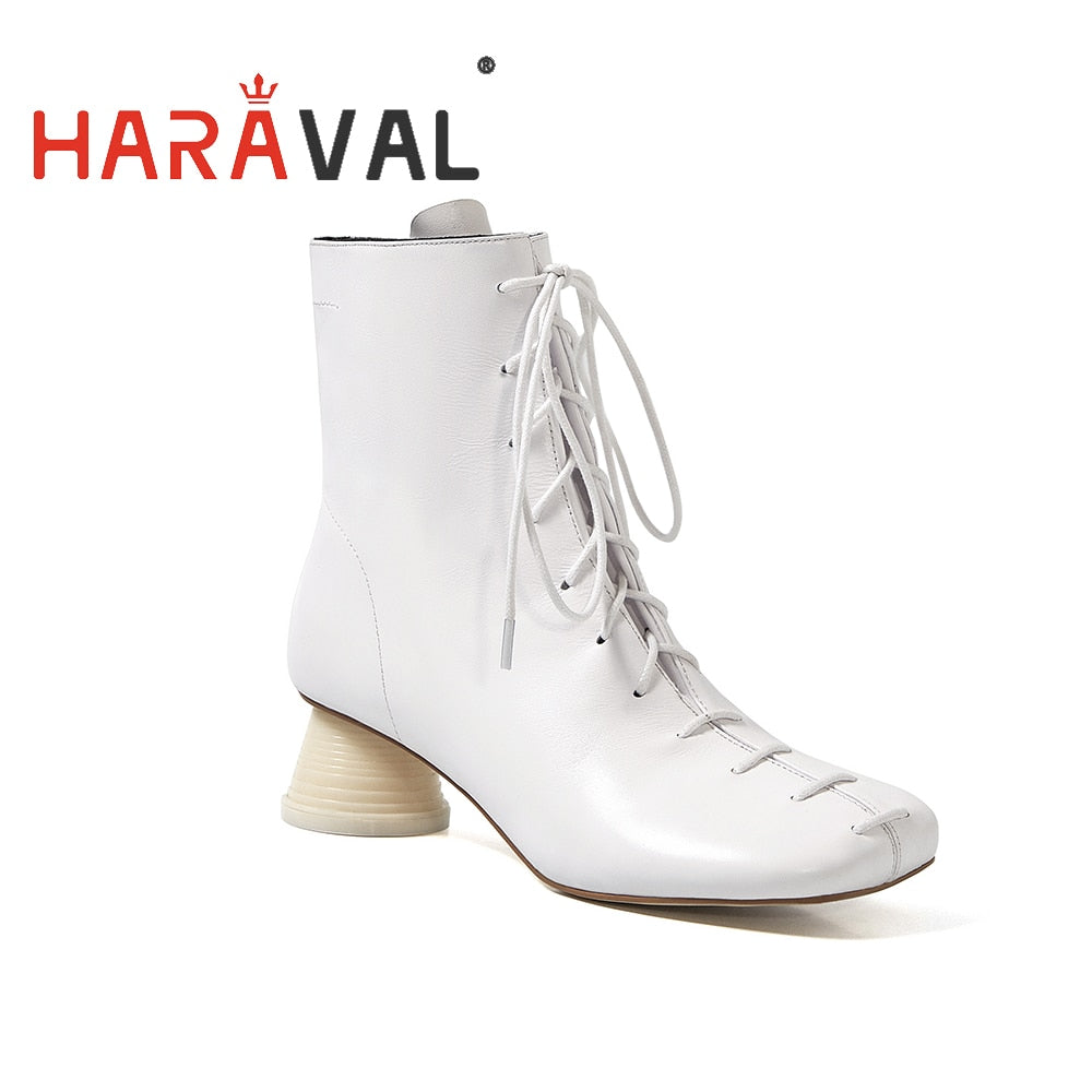 Spring Autumn Boots Shoes Women White Black Genuine Leather Lace-up High Heel Fashion Solid Footwear