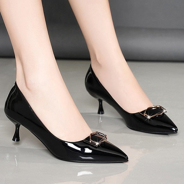 Women Pumps Patent Leather Dress Shoes Black Medium Heels Metal Office Shoes Ladies Boat Shoes