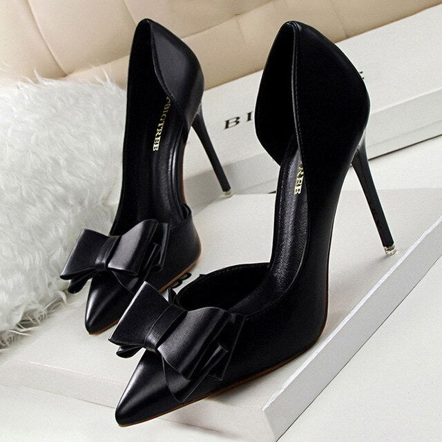 New Shoes Bow Women Pumps Pu Leather High Heels Sexy Office Shoes Women