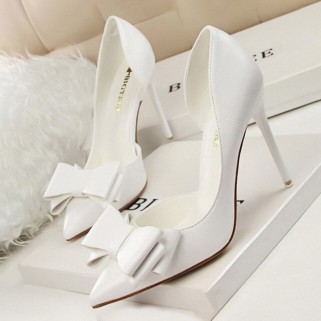 New Shoes Bow Women Pumps Pu Leather High Heels Sexy Office Shoes Women