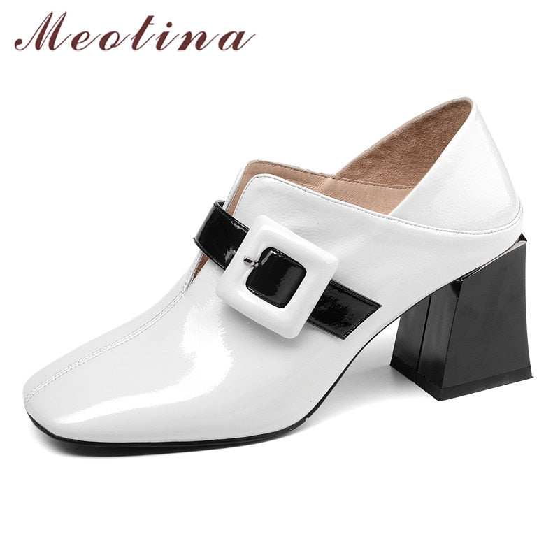 Women Pumps High Heels Natural Genuine Leather Buckle Thick High Heel Shoes